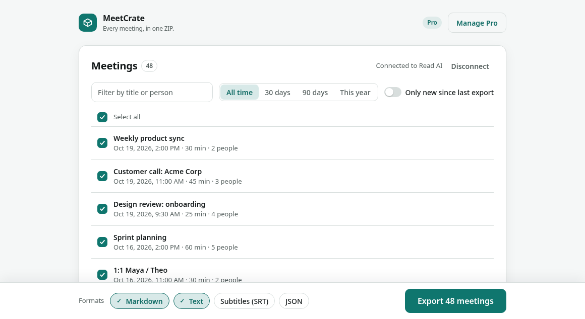 MeetCrate: a list of Read AI meetings, all selected, ready to export as Markdown and text